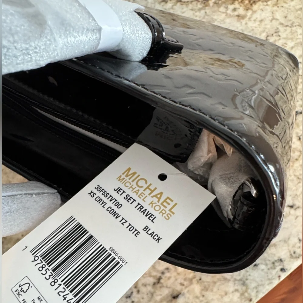 Michael Kors Jet Set XS Black Patent Logo Debossed Convertible Crossbody Tote - Picture 7 of 10